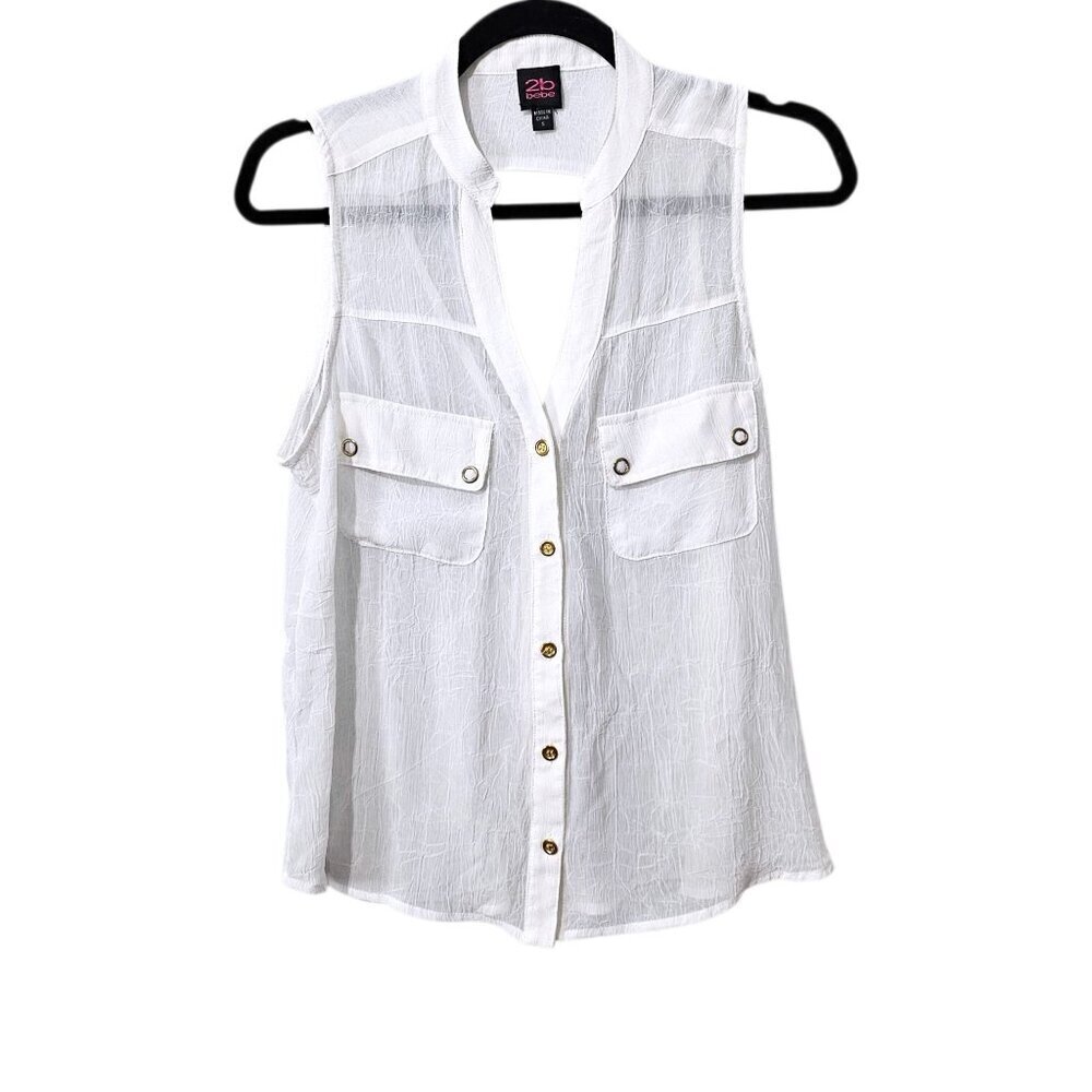 2B Bebe V Neck Sleeveless Crinkle Button Semi Sheer Cutout Back White Tank Top